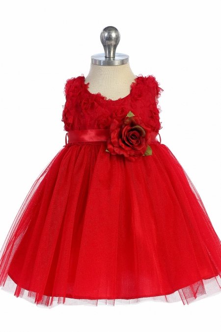 Red Sleeveless Tulle Dress with Mesh Rolled Flowers Infant Dress Red Sleeveless Tulle Dress with Mesh Rolled Flowers Infant Dress