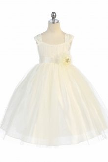 Ivory Elegant Silk Shantung Overlaid Tulle Flower Girl Dress