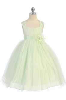 Mint Elegant Silk Shantung Overlaid Tulle Flower Girl Dress