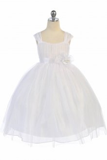 White Elegant Silk Shantung Overlaid Tulle Flower Girl Dress