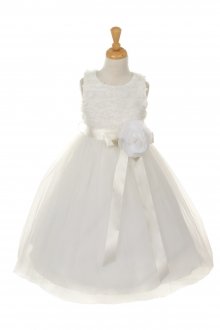 Antique White 3D Rosette Overlaid Tulle Flower Girl Dress