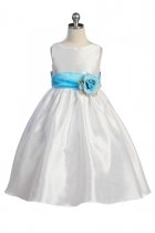 Aqua Flowers and Sash Flower Girl Dress