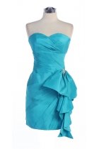 Aqua Taffeta Strapless Sweetheart Gathered Empire Waistline Ruffled Short Bridesmaid Dress