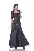 Black Embroidered Taffeta Strapless Gathered A-line Dress with Bolero