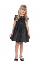 Black Poly Lace Top Taffeta Skirt Holiday Dress with Sleeves