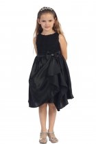 Black Sleeveless Rosetti Texture Bodice with Ruffle layered Satin Girl Dress