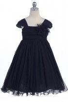 Black Soft Tulle Gathered Flower Girl Dress with Short Sleeves