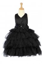 Black Taffeta and Tulle Halter V- Neck Tiered Pageant Dress
