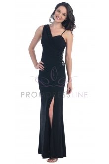 Black Unbalance Strap Spinning Gathered Sequin Embroidery on Side Slim Long Bridesmaid Dress Black Unbalance Strap Spinning Gathered Sequin Embroidery on Side Slim Long Bridesmaid Dress