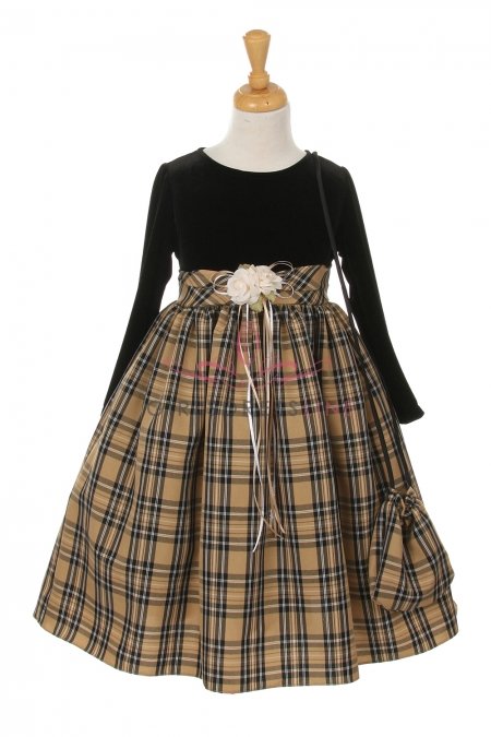 Black Velvet Khaki Checker Skirt Holiday Dress