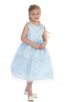 Blue Satin Sleeveless Adorable Embroidery Flower Girl Dress