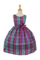 Blue/Pink Holiday Spirit Colorful Checker Printed Flower Girl Dress