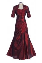 Burgundy Embroidered Taffeta Strapless Gathered A-line Dress with Bolero