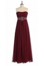 Burgundy Gorgeous Chiffon Strapless Beaded Waistband Pleated Bridesmaid & Prom Dress