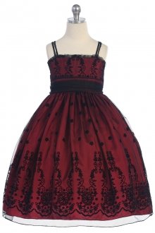 Burgundy Tulle Flower Girl Dress with Velvet Damask Design