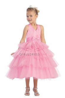 Carnation Taffeta and Tulle Halter V Neck Tiered Princess Pageant Dress Carnation Taffeta and Tulle Halter V Neck Tiered Princess Pageant Dress