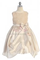 Champagne Sleeveless Rosetti Texture Bodice with Ruffle layered Satin Girl Dress