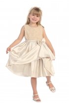 Champagne Sleeveless Rosetti Texture Bodice with Ruffle layered Satin Girl Dress