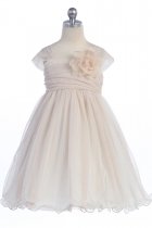 Champagne Soft Tulle Layered Flower Girl Dress with Short Sleeves