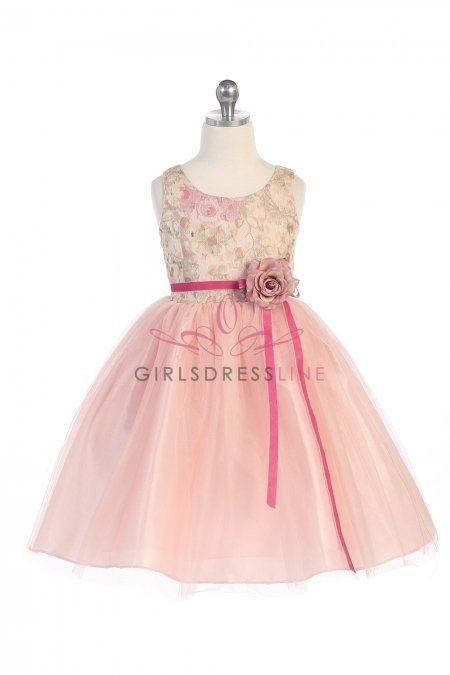 Dusty Rose Embroidered Floral Pattern & Tulle Skirt Flower Girl Dress