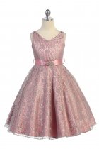 Dusty Rose Lace Floral Pattern Flower Girl Dress with Removable Satin Sash