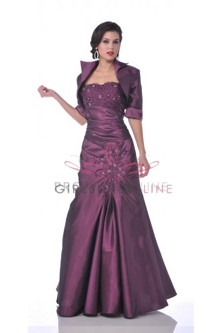 Eggplant Embroidered Taffeta Strapless Gathered A-line Dress with Bolero