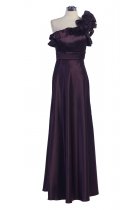Eggplant Satin Rosette Detail on One Shoulder Frilled Neckline Long Bridesmaid Dress