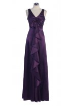 Eggplant Shiny Bridal Satin V-neck Bows & Ruffle Detail A-line Long Brides Dress