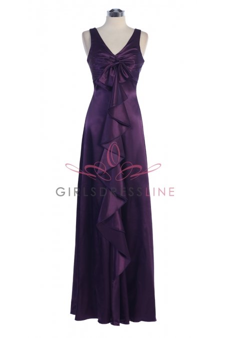 Eggplant Shiny Bridal Satin V-neck Bows & Ruffle Detail A-line Long Brides Dress