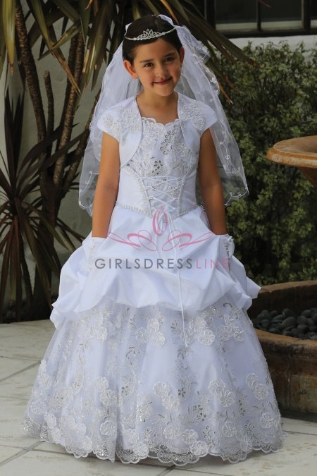 Elegant Taffeta Embroidered Communion Dress MDR1442-WH
