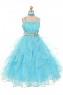 Aqua  Organza Ruffled Skirt Flower Girl Dress