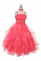 Coral Organza Ruffled Skirt Flower Girl Dress