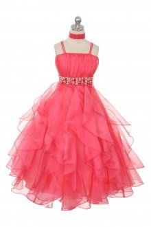 Coral Organza Ruffled Skirt Flower Girl Dress