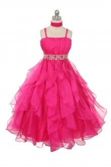 Fuchsia Organza Ruffled Skirt Flower Girl Dress