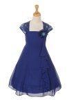 Royal Blue Lace Ruffled Chiffon Dress with Eyelid Lace Back Flower Girl Dress
