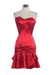 Red Satin Strapless Sweetheart Spinning gathered Fitted Floral Accented Bridesmaid Dress