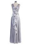Eggplant Shiny Bridal Satin V-neck Bows & Ruffle Detail A-line Long Brides Dress