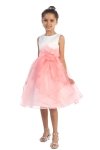White/Coral Sleeveless Satin and Organza Ruffled Flower Girl Dress