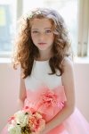 White/Coral Sleeveless Satin and Organza Ruffled Flower Girl Dress