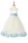 Ivory/Navy Blue Sleeveless Satin Petal Flower Girl Dress with Sash