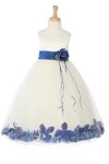 Ivory/Navy Blue Sleeveless Satin Petal Flower Girl Dress with Sash