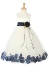 Ivory/Navy Blue Sleeveless Satin Petal Flower Girl Dress with Sash