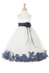 Ivory/Navy Blue Sleeveless Satin Petal Flower Girl Dress with Sash