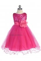 Gorgeous Fuchsia Sequined Round Neck Tulle Overlaid Girl Dress