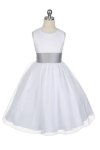 Satin Bodice Organza Skirt Flower Girl Dress with Navy Sash