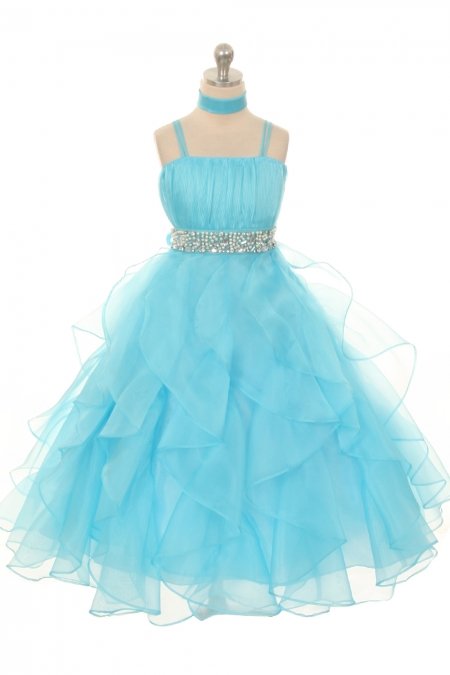 Aqua  Organza Ruffled Skirt Flower Girl Dress