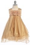 Gold Beautiful Shiny Chiffon Dress With Three Chiffon Flower Trim