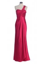 Fuchsia Bridal Satin One Shoulder Pleated Wrapped Elegant Long Bridesmaid & Prom Dress
