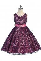 Fuchsia Lace Floral Pattern Flower Girl Dress with Removable Satin Sash