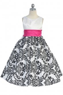 Fuchsia Sashed Velvet Flocked Floral Damask Taffeta Flower Girl Dress